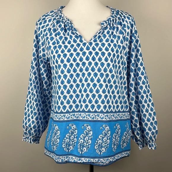 J Crew Factory Cotton Blue Paisley Artist Peasant Top Sz XS Lightweight Vacation - Picture 3 of 15